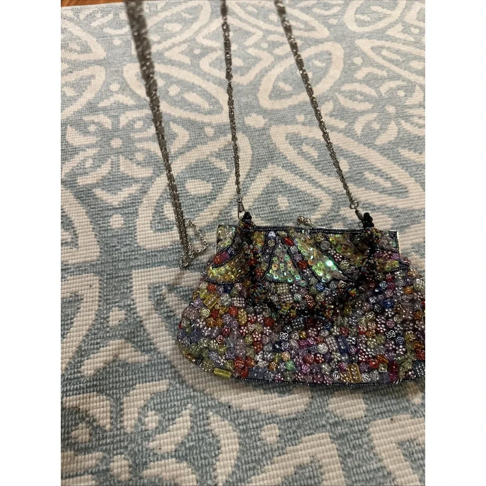 Vintage Colorful Beaded Handbag Black Fabric Satin Lining Multicolored Beads‎